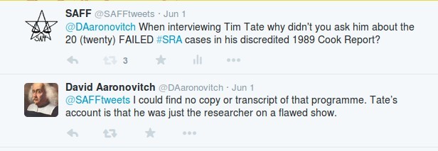Aaronovitch stating Tim Tate had minimised his involvement in the Cook Report