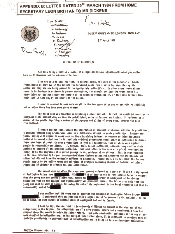 Leon Brittan's letter to Geoffrey Dickens Full Text Page one
